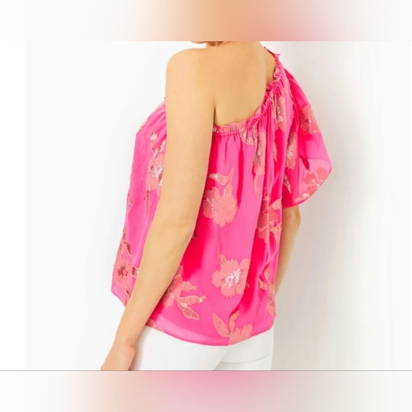 Lilly Pulitzer Sarahleigh One Shoulde Silk Top Blouse, Pink, Feminine, - Picture 3 of 11